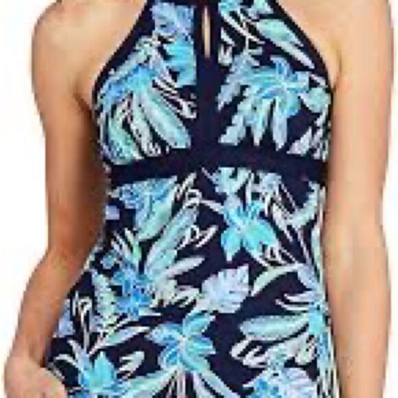 Land’s End Plus Standard high neck keyhole tankini top blue print soft D cup Var - Picture 2 of 14